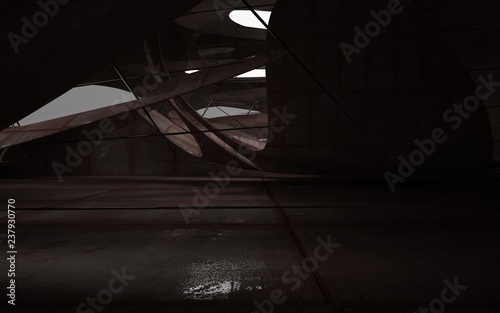 Empty smooth abstract room interior of sheets rusted metal and brown concrete. Architectural background. Night view of the illuminated. 3D illustration and rendering