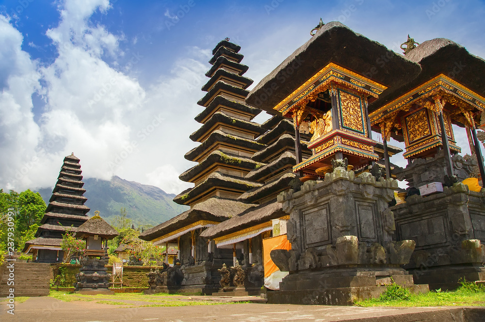 Bali, Indonesia, Pura Besakih or Mother Temple, Balinese largest hinduist temple and most famous tourist place with lots of hinduist pagodas.