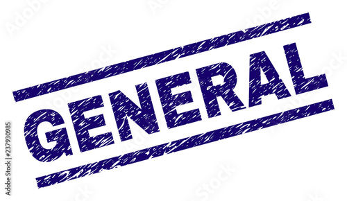 GENERAL seal print with distress style. Blue vector rubber print of GENERAL title with unclean texture. Text title is placed between parallel lines.