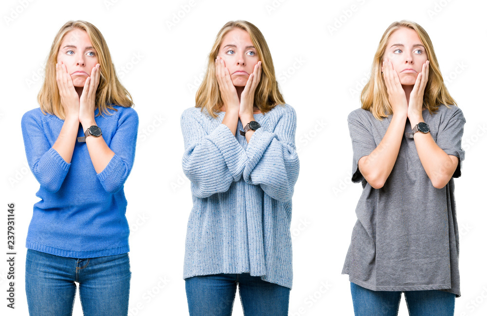 Collage of beautiful blonde woman over white isolated background Tired hands covering face, depression and sadness, upset and irritated for problem Collage of beautiful blonde woman over white isolated background Tired hands covering face, depression and sadness, upset and irritated for problem