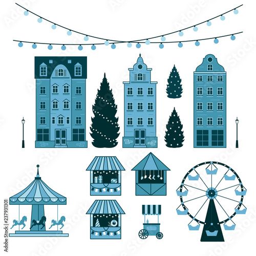Winter Christmas fair market, Happy New year and Christmas Europe city, souvenir stalls, gift shops, Ferris wheel, garlands, carousel with horses, Christmas trees, socks, gifts. City winter landscape