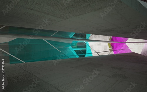Abstract background in the form of buildings made of dark concrete with colored windows. 3D illustration and rendering