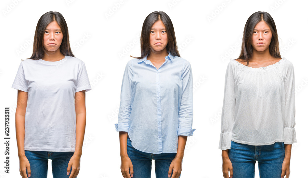 Obraz premium Collage of asian young woman standing over white isolated background depressed and worry for distress, crying angry and afraid. Sad expression.