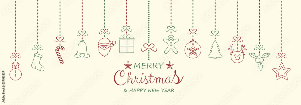 Naklejka premium Christmas decoration with wishes and hanging hand drawn elements. Vector.