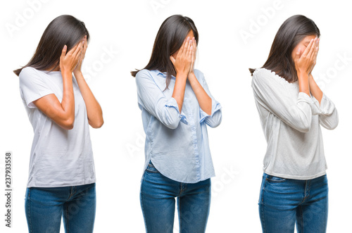 Collage of asian young woman standing over white isolated background with sad expression covering face with hands while crying. Depression concept.
