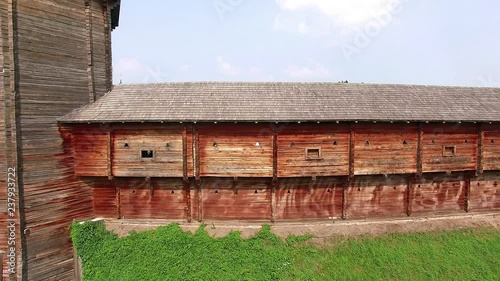 along the wooden fortress wall, fortified wall in the Baturyn fortress, Citadel of Baturin Fortress on river Seim, wooden fortifications, Gate and Tower in the Baturyn fortress photo