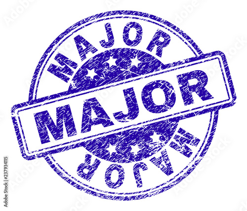 MAJOR stamp seal watermark with distress texture. Designed with rounded rectangles and circles. Blue vector rubber print of MAJOR text with dust texture.