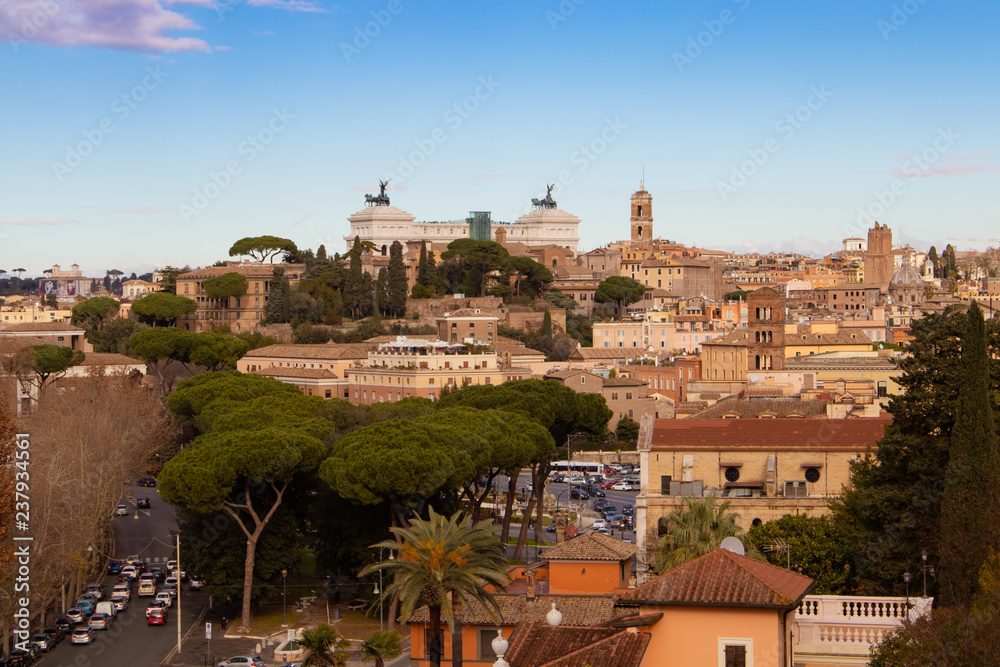 Rome, Italy - desember 29, 2017. Cityscape of the Rome italy in the sunny day. View from the Gianicolo Janiculum hill. View of the National Monument to Victor Emmanuel.