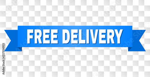 FREE DELIVERY text on a ribbon. Designed with white title and blue stripe. Vector banner with FREE DELIVERY tag on a transparent background.