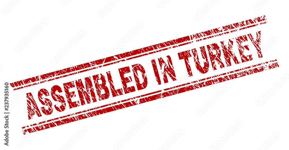 ASSEMBLED IN TURKEY seal print with distress effect. Red vector rubber print of ASSEMBLED IN TURKEY tag with dust texture. Text title is placed between double parallel lines. ASSEMBLED IN TURKEY seal print with distress effect. Red vector rubber print of ASSEMBLED IN TURKEY tag with dust texture. Text title is placed between double parallel lines.