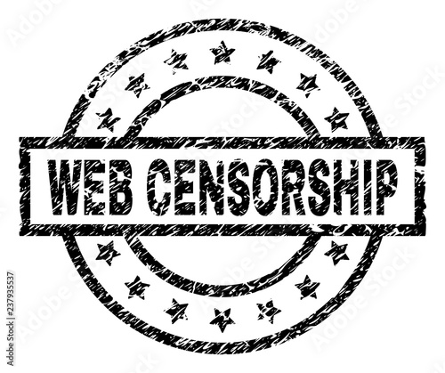 WEB CENSORSHIP stamp seal watermark with distress style. Designed with rectangle, circles and stars. Black vector rubber print of WEB CENSORSHIP caption with unclean texture.