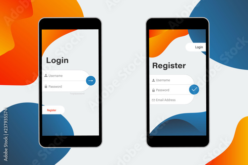 Login and Register on Screen. Log In and Sign Up UI UX on Smartphone Screen. Sign In Screen. Login Application with Password Form Window. Trendy 