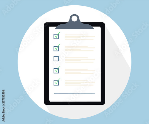 Checklist Clipboard.Flat illustration of Clipboard with Checklist icon for web. Flat design style. Clipboard with green ticks checkmarks © SMUX