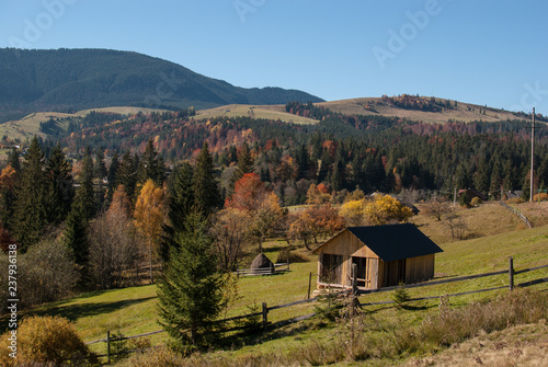 Colorful autumn landscape in the mountain village. Sunny day in the Carpathian mountains. Ukraine, Europe.