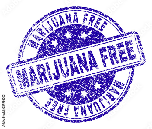 MARIJUANA FREE stamp seal imprint with grunge texture. Designed with rounded rectangles and circles. Blue vector rubber print of MARIJUANA FREE text with unclean texture.