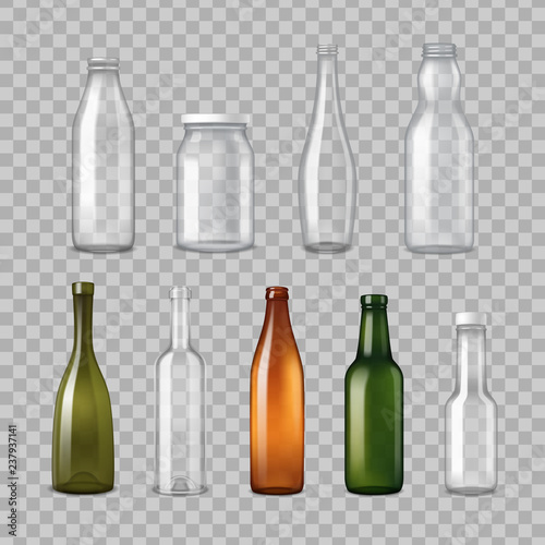 Realistic Glass Bottles Transparent Set