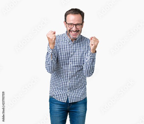 Handsome middle age elegant senior man wearing glasses over isolated background celebrating surprised and amazed for success with arms raised and open eyes. Winner concept.