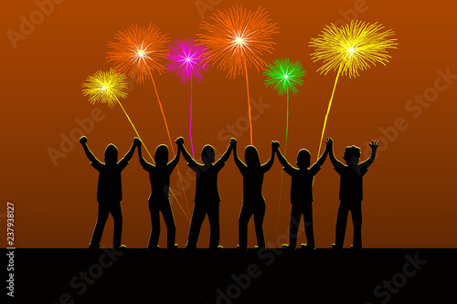 Six silhouette people are holding their hands gladly when there is fireworks lightning in the sky.