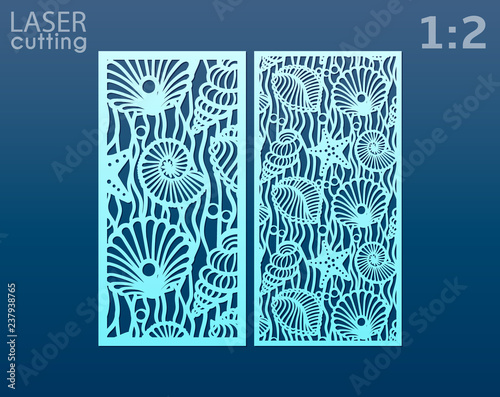 Laser cut panel templates set with pattern of seashells and stars. Decorative element for interior design in marine style. Wall or window panel, die cut embellishment. Cabinet fretwork screen.
