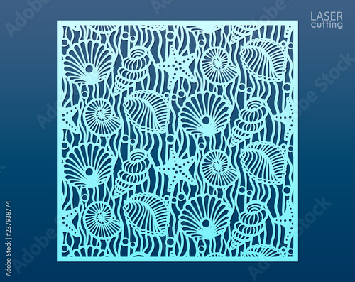 Laser cut panel template with pattern of seashells and stars. Decorative element for interior design in marine style. Wall or window panel, die cut embellishment. Cabinet fretwork screen.