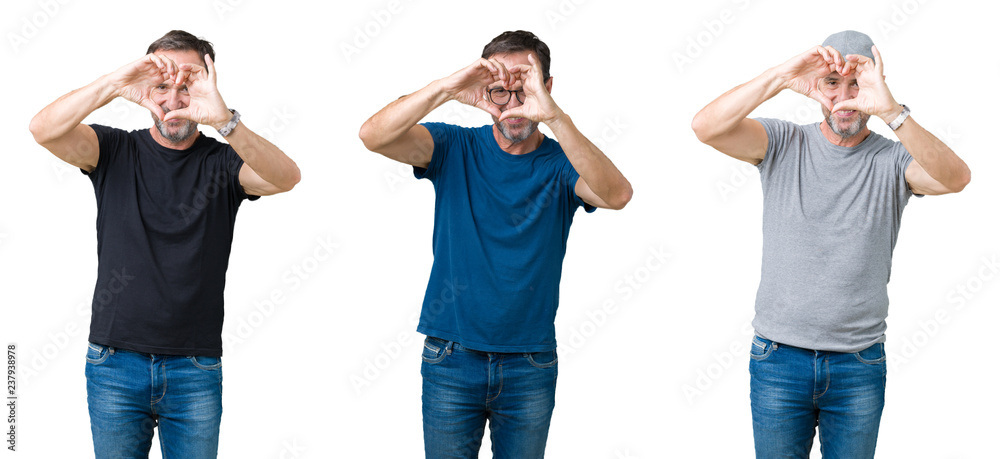 Fototapeta premium Collage of handsome senior man over white isolated background Doing heart shape with hand and fingers smiling looking through sign