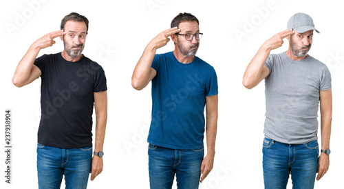 Collage of handsome senior man over white isolated background Shooting and killing oneself pointing hand and fingers to head, suicide gesture.