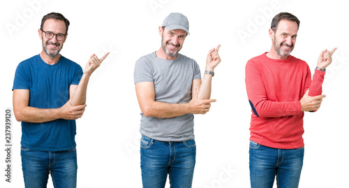 Collage of handsome senior man over white isolated background with a big smile on face, pointing with hand and finger to the side looking at the camera.