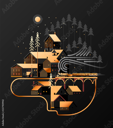 New year and Christmas snowy winter alpine landscape with coniferous forest, pines, cottages and train. Illustration for poster, banner, card, postcard, event icon logo or badge.