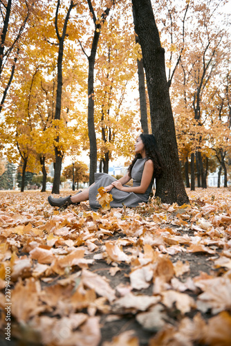 Pretty woman is sitting in autumn park near big tree. Beautiful landscape at fall season.