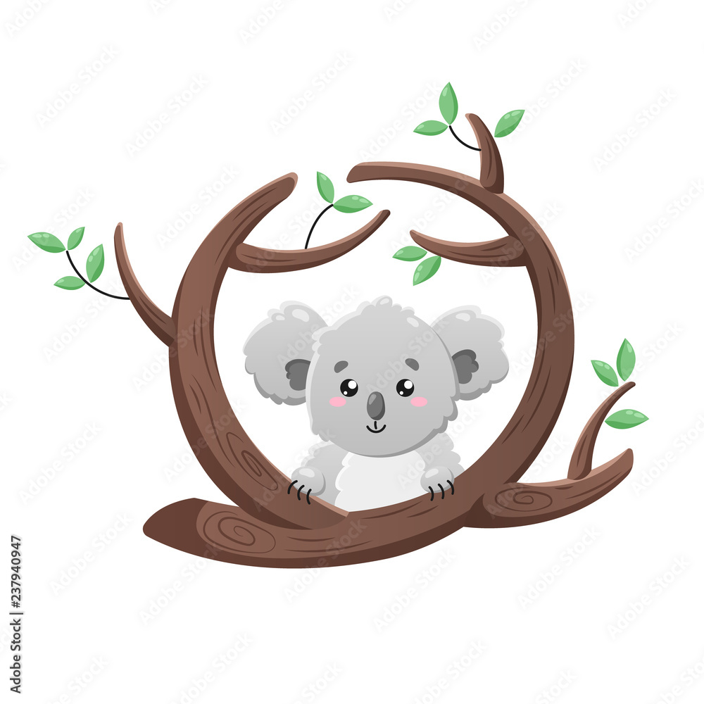 Cute cartoon koala. Vector isolated illustration on white background. Koala  on tree among the branches. Template for design, print. Stock Vector