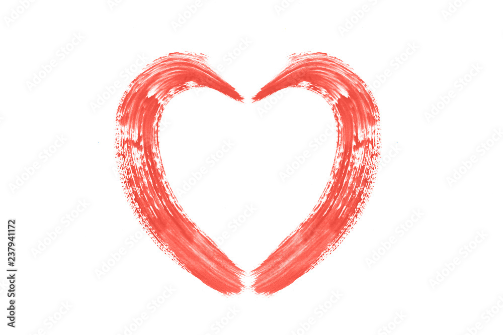 Living Coral brush strokes shaped heart made with acrylic paint, isolated on white. Color of the 2019 year.