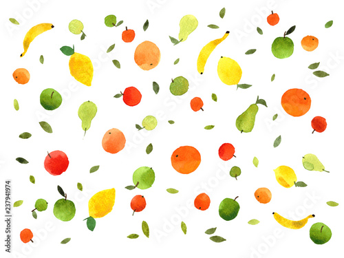 watercolor set of fruits colorful hand-drawn fresh apples, pears, lemons, oranges, mandarins, tangerines, bananas