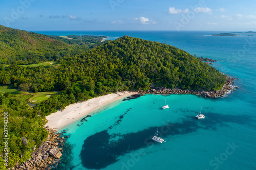 Aerial view of beautiful island at Seychelles in the Indian Ocean. Top view from drone photo