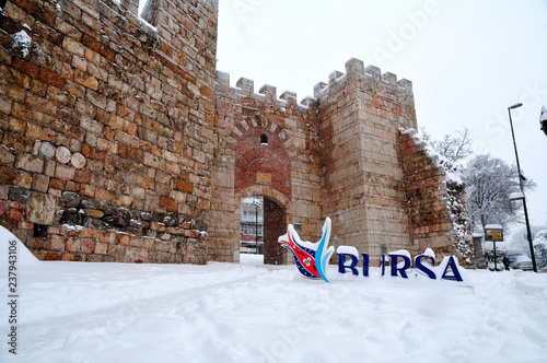 Photography historic bursa walls covered with snow
