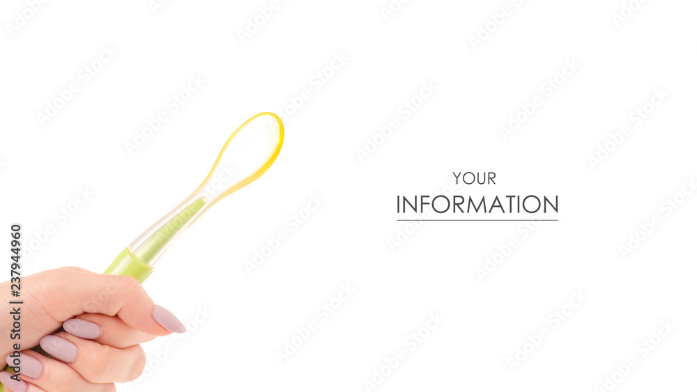 Female hand baby spoon food pattern on white background isolation Female hand baby spoon food pattern on white background isolation