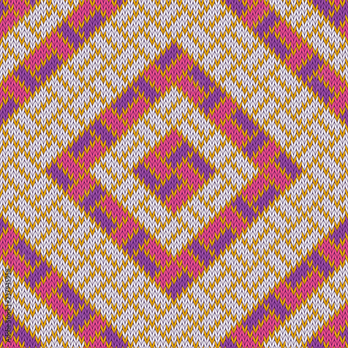 Rhombic woolen cozy knitted seamless pattern with gold streaks