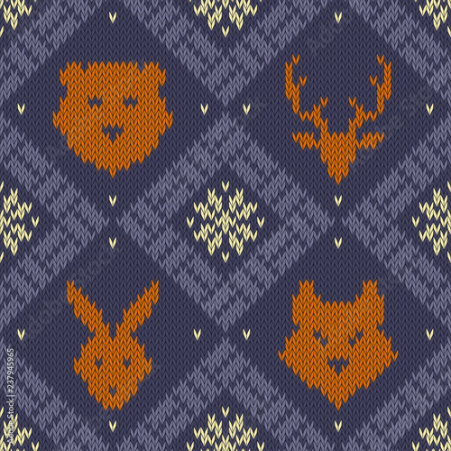 Winter Christmas knitted seamless pattern with wild forest animals