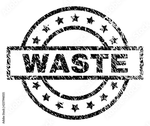 WASTE stamp seal watermark with distress style. Designed with rectangle, circles and stars. Black vector rubber print of WASTE label with retro texture.
