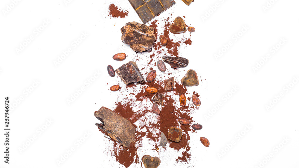 Fototapeta premium Chocolate bar, cocoa beans, pieces on a white isolated background. Top view. Copy space. 