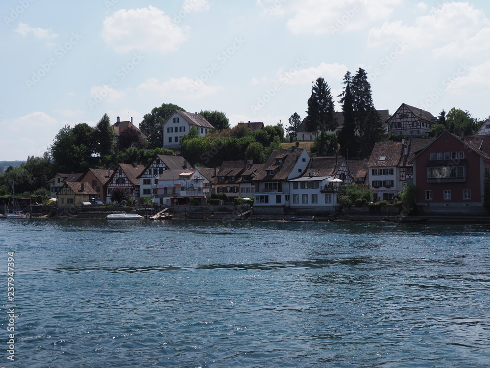 Fototapeta premium Beautiful Rhine River landscape in european STEIN am RHEIN town in SWITZERLAND in swiss canton of Schaffhausen