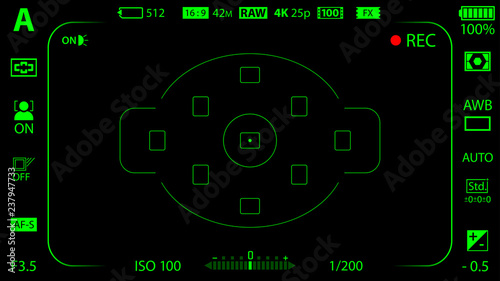 Black and green modern digital camera focusing screen with settings template. Black viewfinder mirrorless, DSLR or cameraphone camera recording. Vector illustration