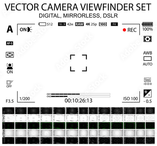 Camera focusing screen 65 in 1 pack - digital, mirorless, DSLR, cameraphone. White, black and green viewfinders camera recording. 4K ready detailed templates. Vector illustration