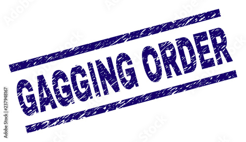 GAGGING ORDER seal watermark with grunge style. Blue vector rubber print of GAGGING ORDER text with grunge texture. Text tag is placed between parallel lines.