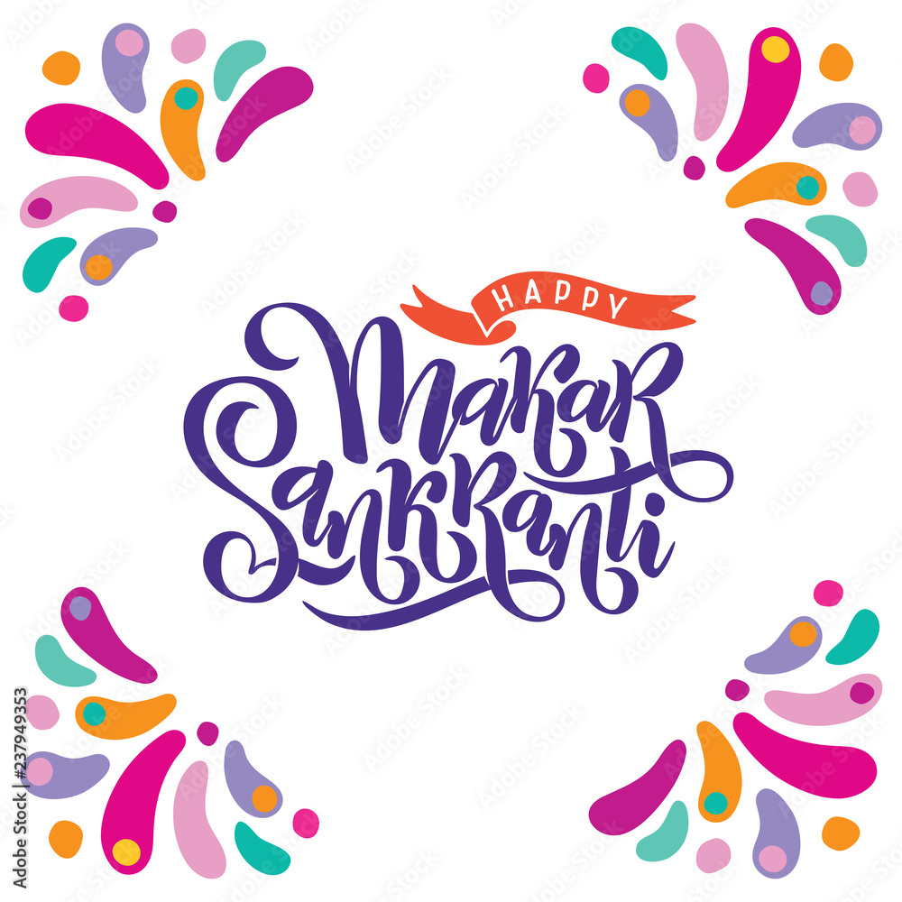 Obraz premium Vector illustration of hand drawn lettering text inscription Happy Makar Sankranti in colorfull kite. Festival of kites