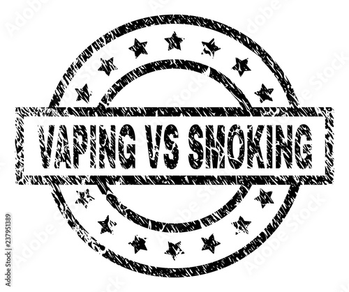 VAPING VS SMOKING stamp seal watermark with distress style. Designed with rectangle, circles and stars. Black vector rubber print of VAPING VS SMOKING label with retro texture.