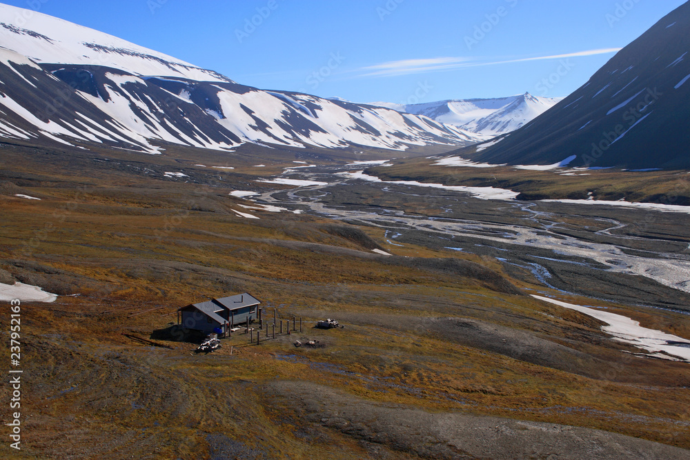 Little lonely house in the Valley of Bears (Bjorndalen), Svalbard (near Longyearbyen)