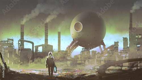 man with protective suit in an industrial factory filled with toxic gas, digital art style, illustration painting