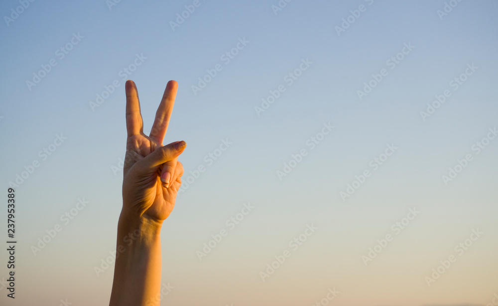 A hand doing number two gesture on blue background. Gesturing number 2. Peace or victory symbol. Number two / letter V in sign language. Being second concept. Hand counting two. Space for ad text. A hand doing number two gesture on blue background. Gesturing number 2. Peace or victory symbol. Number two / letter V in sign language. Being second concept. Hand counting two. Space for ad text.