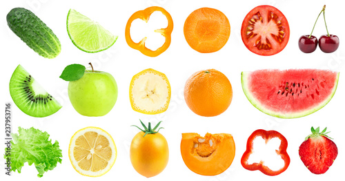 Collection of color fruits and vegetables isolated on white