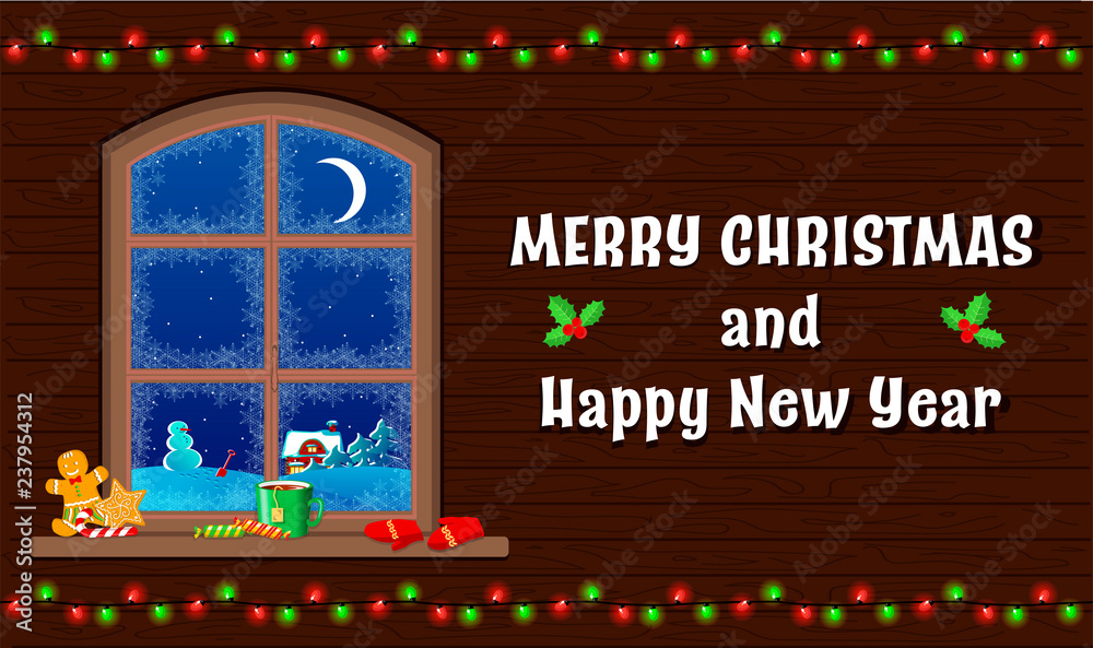 Christmas and new year greeting card. Window on wooden wall with view on winter night landscape. Vector illustration in cartoon style